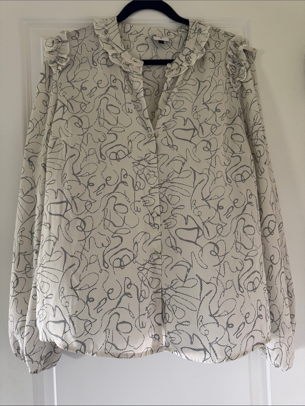 CAbi Cream Blouse with Black Scribble Print and Ruffle Trim